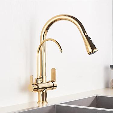 Imagem de Guindaste filtrado preto fosco para cozinha pull out spray 360 rotação torneira filtro de água três vias misturador torneira de cozinha, tipo a, ouro, china