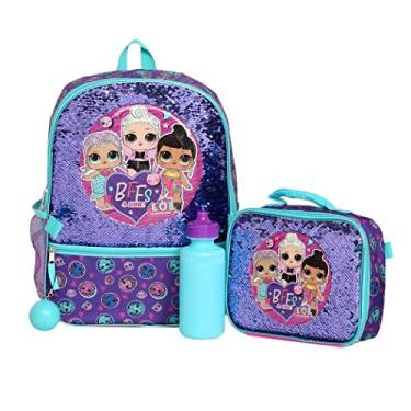 Imagem de LOL Conjunto de mochila para meninas, 4 peças, bolsa escolar de lantejoulas com bolso frontal com zíper, 2 bolsos laterais de malha, lancheira isolada, Misto, One Size, Mochila Lol