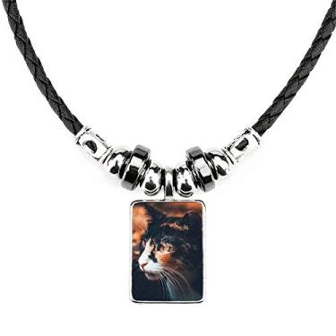 Imagem de DIYthinker Colar de gato marrom com perfil de olho de gato vintage joia Torque pingente de corda de couro