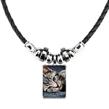 Imagem de DIYthinker Colar adorável com listras de gato gatinho para relaxar joias com pingente de corda de couro