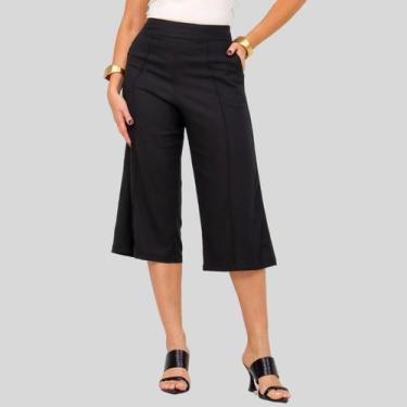 Imagem de Calça Pantacourt de Linho Preta Cintura Alta Moda Feminina Básica Casu