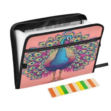 Imagem de Wassud Pasta organizadora de arquivos de papel A4 de acordeão de pavão, pasta organizadora de documentos, com etiquetas, pasta de arquivos expansível, 13 bolsos
