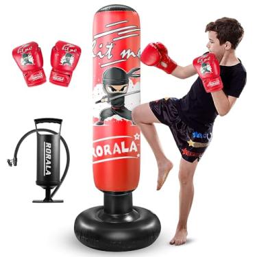 Imagem de RORALA Saco de pancadas inflável infantil, saco de boxe de 153 cm, brinquedo com luvas, bomba de ar manual, ótimo presente para meninos e meninas de 3 a 12 anos