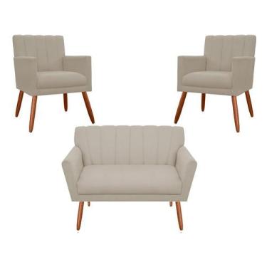 Imagem de Kit Namoradeira + 2 Poltronas Decorativa Cecília Suede Bege Pés Madeir