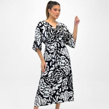 Imagem de Vestido Malwee Midi Estampado Manga 3/4 Feminino, P, Preto, Off white