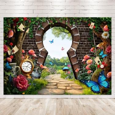 Imagem de Newsely Cenário de festa de chá encantado do país das maravilhas 7Wx5H fotografia primavera crianças conto de fadas grama verde flor tijolo parede floresta quadriculado coelho foto tapeçaria