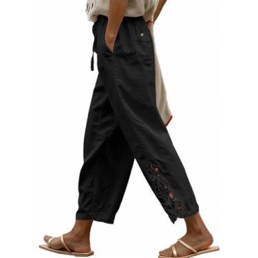 Imagem de Calças femininas Acelitt, linho, cordão, elástico, cintura preta