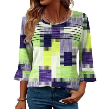 Imagem de Camiseta feminina Blingfit de verão com manga 3/4 plissada e gola redo