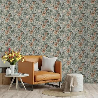 Imagem de ESSMOKO Papel de parede autoadesivo impermeável PVC adesivo decorativo para decoração de parede e móveis de casa flores verdes cinza 45 * 300 cm