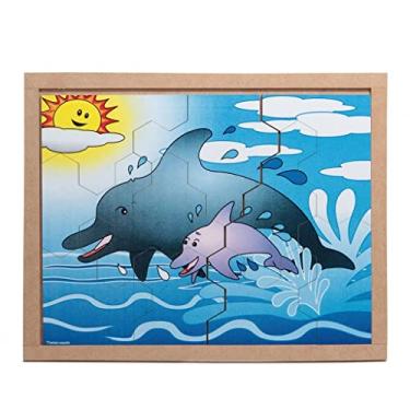 Imagem de Brinquedo Educativo Quebra Cabeça Animais E Filhotes Golfinho Base Mdf - CARLU