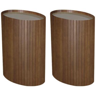 Imagem de Kit 2 Mesa Apoio Lateral Oval Tampo Vidro Glow Madeira Pinhao Nacc