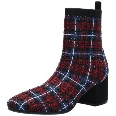 Imagem de Kenneth Cole Reaction Bota de tornozelo feminina, malha xadrez vermelha, 5,5, Malha xadrez vermelha, 5.5