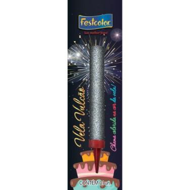 Imagem de Vela para Aniversário Vulcão Prata com Glitter - Festcolor