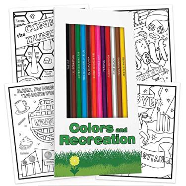 Imagem de Conjunto de lápis de cor e páginas de colorir para fãs de parques e recreação | Conjunto de presente de 12 lápis de paródia inspirados em parques e recreativos com nomes inteligentes estampados em
