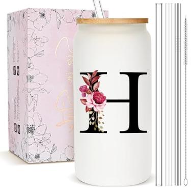 Imagem de Presentes personalizados para mulheres, copo de vidro fosco monograma com canudo e tampa, caneca personalizada fofa, copos de café gelado com inicial personalizada, copo de bebida personalizável,