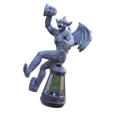 Imagem de Dualoai Estátua do jardim de escultura de gárgula alada com monstro solar monstro estatueta decoração ao ar livre iluminação decorativa para gramado de, Preto