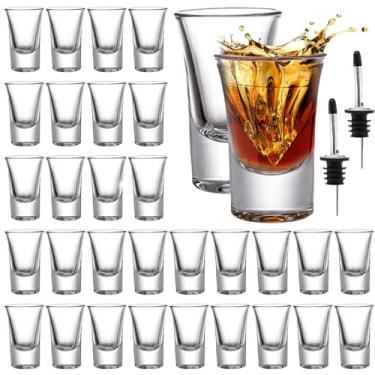 Imagem de Tebery Pacote com 30 copos de shot base pesada a granel, conjunto de copos de tequila de 34 g com 2 garrafas, copos pequenos transparentes de uísque para vodka, licores, coquetéis, café expresso, bar