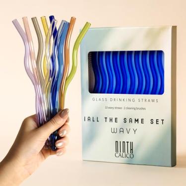 Imagem de Pacote com 10 canudos de vidro ondulados reutilizáveis – Coloridos, duráveis, resistentes a quebras – Inclui 10 canudos ondulados e 2 escovas de limpeza – para smoothies, café gelado (azul escuro)