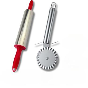 Imagem de Kit Carretilha Cortador de Pizza Cortador de Pastel Espátula de Bolo e Rolo de Massa Aço Inox(2 UND (ROL MASSA + CRT PASTEL))