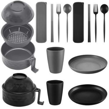 Imagem de Romooa Conjunto de panela de ramen de micro-ondas para micro-ondas com canudo de trigo e tigela de ramen de 935 g, pratos, copos e caixa de talheres, pode ser lavado na lava-louças, dormitório