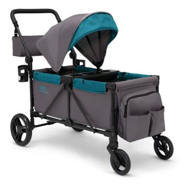 Imagem de Carrinho de Passeio Vagão Duplo Multifuncional com Capota e Armazenamento, Jeep, Cinza e Azul