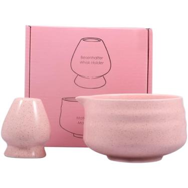 Imagem de Tigela Matcha Japonesa com Bico, Conjunto de Tigela Matcha de Cerâmica de 500 ml com Suporte de Batedor, Tigela de Mistura de Chá para Cerimônia de Chá Japonesa em Pó/Salada/Fruta/Sopa (Rosa)