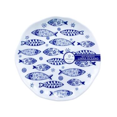 Imagem de Prato de Melamina Azul com Estampa de Peixes Para Sobremesa 22cm Elegantes Para Casa de Praia (2)