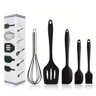 Imagem de Kit De 5 Peças – Utensílios De Cozinha De Silicone: Colher, Espátula, Fue, Espátula Pequena E Pincel(PRETO)