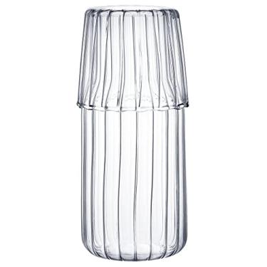 Imagem de Sizikato Garrafa de água noturna com vidro listrado transparente de 425 g com copo de vidro.