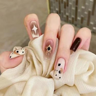 Imagem de Kit de unhas de pressão quadrado médio ombré marrom cola falsa conjunto de unhas com design simples de listras de vaca cobertura completa bastão falso artificial em unha de acrílico para mulheres 24