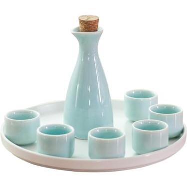 Imagem de GNHGDFFDF Conjunto de 8 peças de saquê de cerâmica conjunto de copos de saquê japonês conjunto de saquê adulto conjunto de presente vinho branco pode beber chá forte shochu