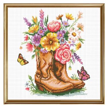 Imagem de FREEBLOSS Kits de ponto cruz de 11 quilates para iniciantes, kit de pendurar na parede, ponto cruz, bordado faça você mesmo, kit de artesanato com instruções detalhadas para adultos 18 x 18 polegadas