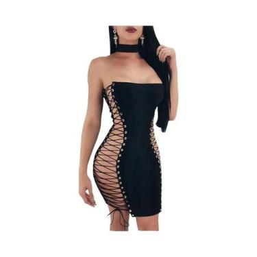 Imagem de Vestido Slim Preto Com Decote Em Renda E Saia Recortada Para Mulheres,