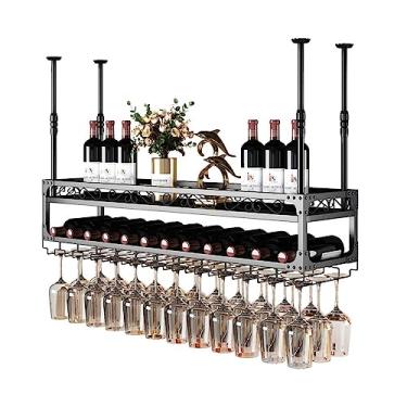 Imagem de Rack de vinho pendurado, rack de vinho montado no teto com suporte de vidro e prateleira suporte de garrafa de vinho industrial ajustável para bares, restaurantes, cozinhas