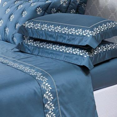Imagem de Jogo Cama Lençol Garland Casal Bordado 100% Algodão Acetinado 400 Fios 4 Peças - Azul M...