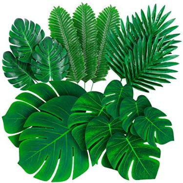 Imagem de Decopom Folhas de palmeira tropical artificial monstra - 84 peças, 6 tipos grandes, pequenas, folhas de palmeira falsas verdes com hastes para safári selva havaiana luau decoração de mesa casamento