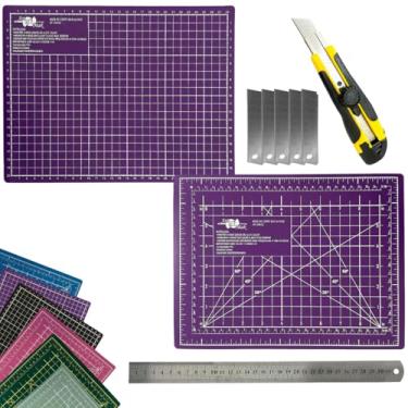 Imagem de Kit Base de Corte Dupla Face Multiuso Auto Regenerativa A4 30cm x 22cm Regua Metal 30cm Estilete Profissional Laminas Reservas (Roxo)