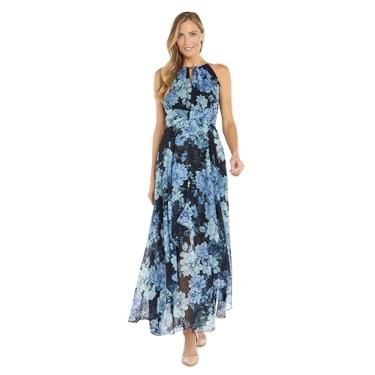 Imagem de Vestido de chiffon estampado floral frente única com decote fechado, Azul marino, 40