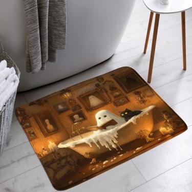 Imagem de KTGHA Tapete de banho assustador Halloween engraçado fantasma gato preto bolha horror ambiente de férias gótico banheiro banheira tapetes de chão tapete decoração de vaso sanitário, 45,7 x 76,2 cm
