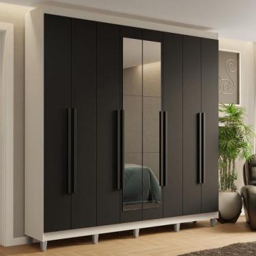 Imagem de Guarda-Roupa Casal com Pés 8 Portas Batentes com Espelho Branco/Preto/