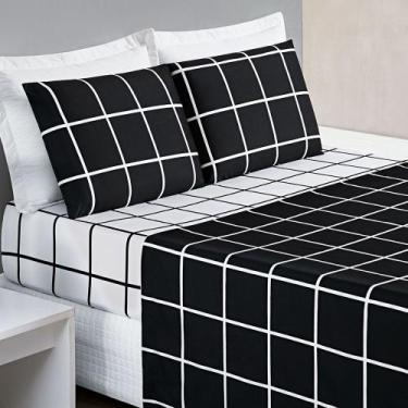 Imagem de Jogo de Lençol Queen 4 Peças 200 Fios Grid Austin - Linda Casa, Preto