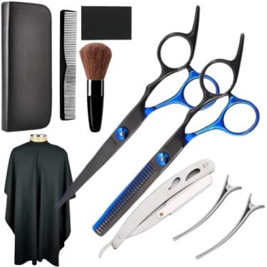 Imagem de kit Barbeiro, Kit Tesoura Barbeiro Fio Navalha E Desfiadeira E Acessórios Espanador Pente Presilhas em Metal Navalhete E Capa Cabeleireiro, Adequado para Iniciantes(10 peças)