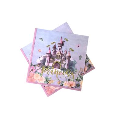 Imagem de Guardanapos de papel princesa Coquette 40 peças castelo dourado com flores rosa papel Once Upon a Time decorações de aniversário guardanapos para festa temática princesa conto de fadas decoração de