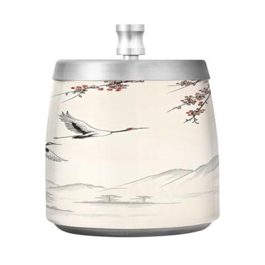 Imagem de Qilmy Dayan Ink Painting Cinzeiro de aço inoxidável com tampa - Cinzeiro de cigarro à prova de vento sem cheiro sem fumaça para casa, escritório, carro, pátio, varanda (uso interno e externo)