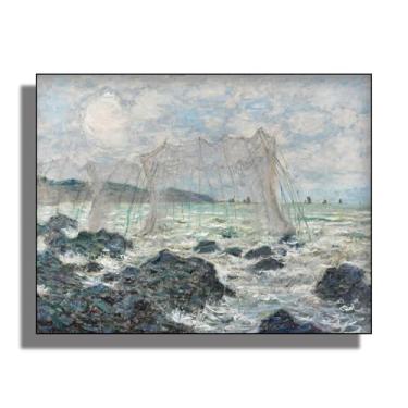 Imagem de OKRA Arte de parede em tela Manet - Decoração de parede de redes de pesca em Pourville - Pintura a óleo de paisagem - Arte de decoração de casa em estilo vintage, adequada para restaurantes e cafés