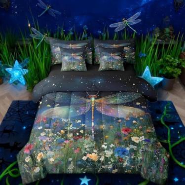 Imagem de Erosebridal Jogo de cama solteiro com estampa de libélula, 7 peças, galáxia, borboletas sonhadoras, planta da selva, botânica, decoração de quarto, estética