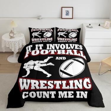 Imagem de Feelyou Jogo de cama solteiro com temática esportiva, para meninos e meninas, ultramacio, feminino, masculino, rúgbi, preto, com 1 edredom, 1 fronha, decoração de quarto