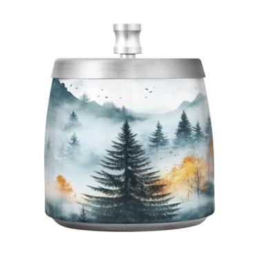 Imagem de Qilmy Cinzeiro de aço inoxidável Forest Spruce com tampa - Cinzeiro de cigarro à prova de vento sem cheiro sem fumaça para casa, escritório, carro, pátio, varanda (uso interno e externo)