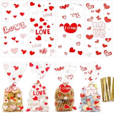 Imagem de Hifunwu 120 unidades de sacos de celofane para Dia dos Namorados, 4 estilos variados de brindes para Dia dos Namorados com laços torcidos para doces de biscoito
