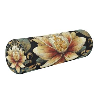 Imagem de QwThum Travesseiro Boho Water Lily Flower Black Neck Rolster Round Health Memory Foam Long Cervical Cylinder Pillow com capa removível lavável para corpo, cama, pernas, costas e ioga